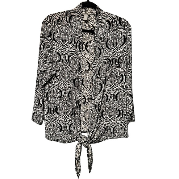 Travelers by Chicos Lightweight Slinky Medallion Black White Print Open Cardigan - Picture 1 of 8